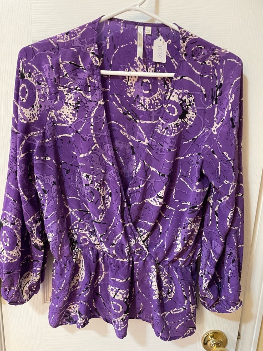 Petticoat Alley Purple Abstract Print Surplice Peplum Blouse Size L